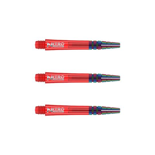 C602_Nitro_Ionic_Short_Red_Shafts Das Bild zeigt drei rote RedDragon Nitrotech Ionic Shafts, die parallel zueinander liegen. Die Dartschäfte haben ein glänzendes Design mit silbernem Schriftzug und farbigen Akzenten am Ende.