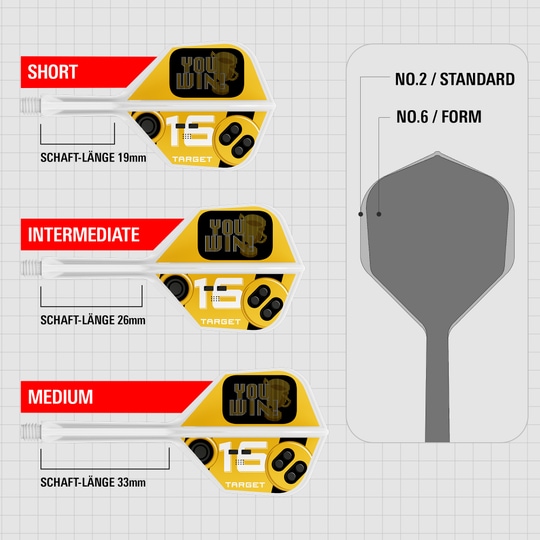 Das Bild stellt Target K-Flex You Win No6 Flights dar. Diese Flights werden beim Dartsport eingesetzt.