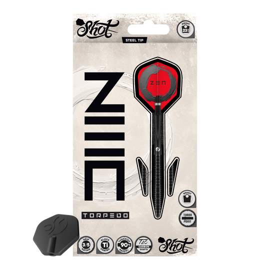 Ocelové šipky Shot ZEN Torpedo Turbo Point - 23g Die Shot ZEN Torpedo Turbo Point Steeldarts mit 23g werden aus einer anderen Perspektive gezeigt. Die Oberfläche und die Details der Darts sind gut zu erkennen.
