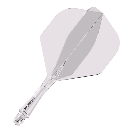 Systém letových hřídelí Winmau Fusion Standard Clear Das Bild zeigt ein durchsichtiges Dartflight- und Shafts-System. Auf dem Schaft steht das Wort "FUSION".