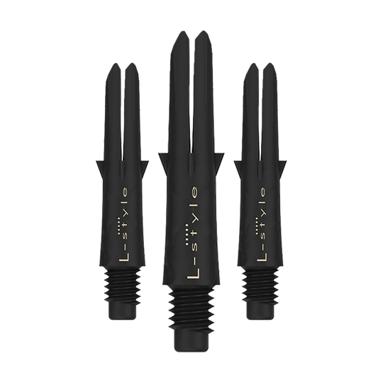 Karbonové hřídele ve stylu L Das Bild zeigt drei schwarze Dartschäfte aus Carbon der Marke L-Style. Sie sind ohne Kappen und haben eine Länge von 26 mm.