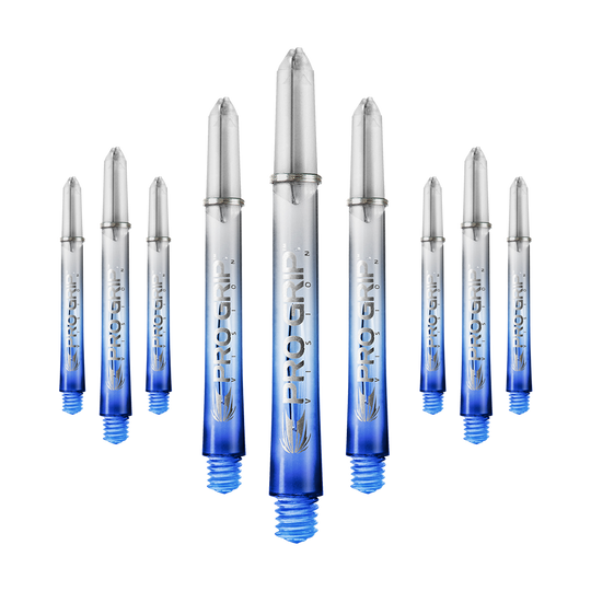 Násadky Target Pro Grip Vision - 3 sady - modré Das Bild zeigt neun transparente Dartschäfte mit blauem unteren Ende. Auf den Schäften steht "Pro Grip" geschrieben.