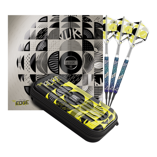 Šipky Target Luke Littler Edge Soft - 19g Auf dem Bild befindet sich das Set der Target Luke Littler Edge Softdarts - 19g. Die Darts sind komplett und gut sichtbar angeordnet.