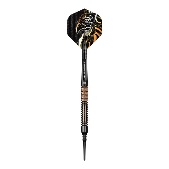 Šipky Mission Horus Softdarts - 19g Der Mission Horus Softdart - 19g ist ein stilvoller Dartpfeil mit schwarzem und goldfarbenem Design. Auf der Flight-Fläche ist der Kopf eines stilisierten Vogels abgebildet.