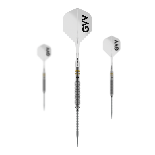 Šipky Winmau Gian Van Veen W-MAX Switch Point ocelové Auf dem Bild ist ein Set der Winmau Gian Van Veen W-MAX Switch Point Steeldarts zu sehen. Alle drei Darts und das Zubehör sind abgebildet.