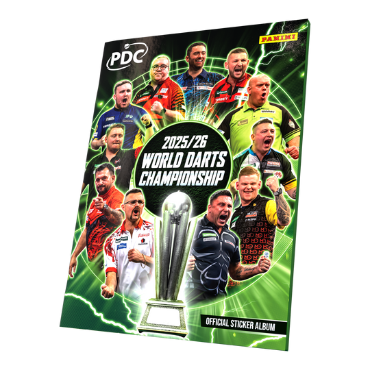 Panini PDC World Darts Championship 2025/26 - Mega balíček v měkké vazbě se dvěma krabičkami se samolepkami Panini PDC World Darts Championship 2025/26 - Offizielles Sticker-Sammelalbum als Softcover zu sehen. Das Sammelalbum ist für die Kollektion von Panini-Stickern rund um die Weltmeisterschaft gedacht.