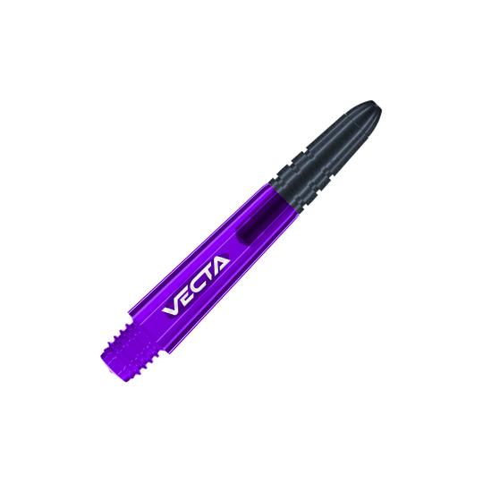 Dies ist ein lila und schwarzer Dart-Shaft mit der Aufschrift "VECTA". Der Shaft hat ein modernes, sportliches Design und misst 34 mm.