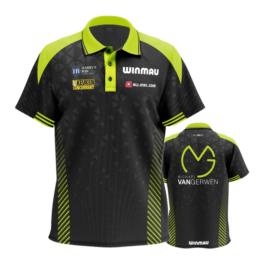 Polo tričko Winmau Michael Van Gerwen Stage Auf dem Bild ist das Winmau Michael Van Gerwen Stage Poloshirt zu sehen. Dieses Poloshirt ist für Dart-Fans gestaltet.
