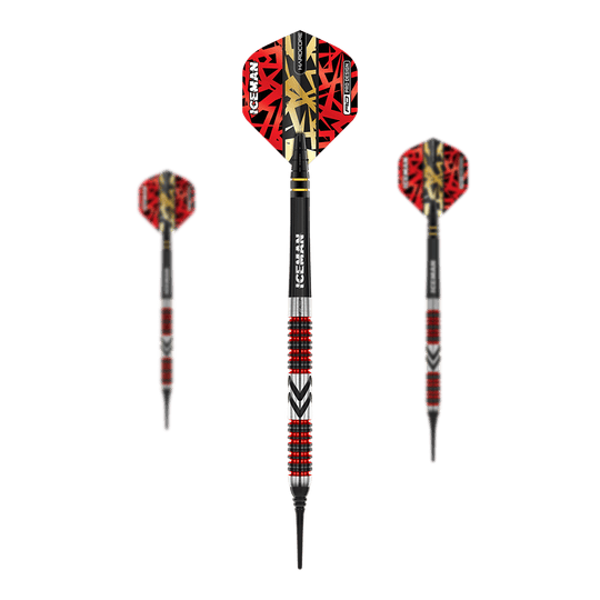 Red Dragon Gerwyn Price Firebird měkké šipky - 20g Das Bild zeigt drei Softdarts des Modells "Red Dragon Gerwyn Price Firebird - 20g". Die Darts haben rote Flights mit schwarzem und goldfarbenem Muster sowie silberne und rote Ringe am Barrel.