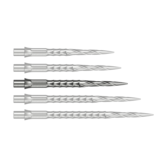 Zu sehen ist vermutlich eine Steeldartspitze in Silber, 32 mm lang. Das Produkt ist eine Spiro NoLip Spitze vom Caliburn Evo System.