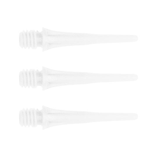 Cosmo Fit Point Plus 2BA Spitzen 19mm (50er Pack) Das Bild zeigt drei weiße, spitze Kunststoffteile mit Gewinde am linken Ende. Sie sind ordentlich übereinander angeordnet.