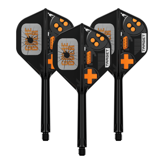 Das Bild zeigt das Produkt 410581_Target_K-Flex_GameOver_No2_Standard_Flights_33mm_1Set. Es ist wahrscheinlich ein Set von Dart-Flights oder ähnlichem Zubehör.