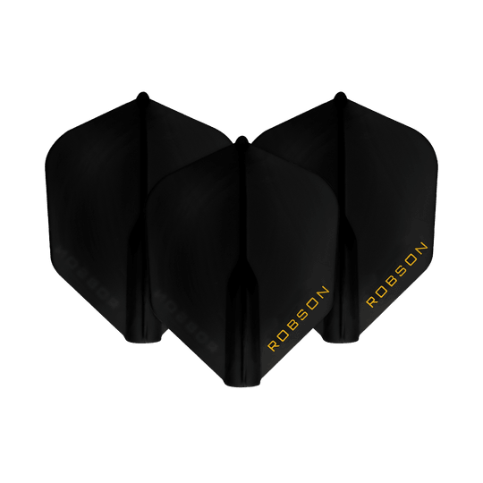 Lety Robson Plus – NO6 Das Bild zeigt drei schwarze Dart-Flights mit der Aufschrift "ROBSON" in gelber Schrift. Sie sind nebeneinander angeordnet und heben sich vor einem weißen Hintergrund ab.