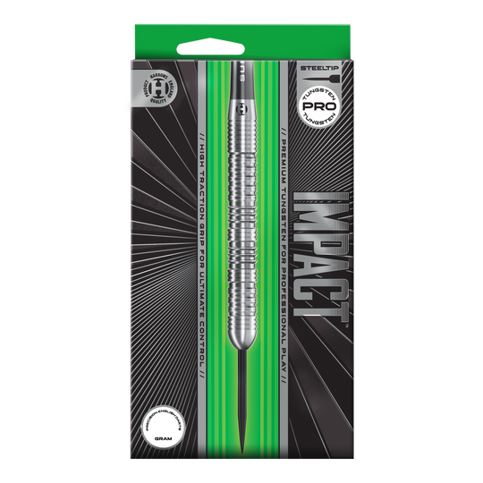 Ocelové šipky Harrows Impact Abgebildet sind Harrows Impact Steeldarts aus einer anderen Perspektive. Die Darts wirken robust und professionell.