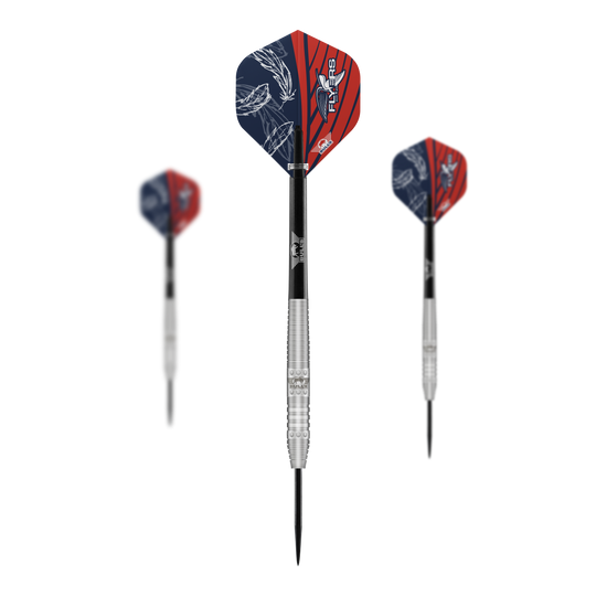 Bulls NL Richard Veenstra 80 ocelové šipky - 23g Das Bild zeigt drei Steeldarts des Modells "Bulls NL Richard Veenstra 80" mit 23g Gewicht. Die Flights sind rot-blau gestaltet und auf dem mittleren Dart ist das Logo gut zu erkennen.