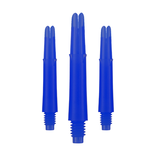 Auf dem Bild sind drei blaue Dartschäfte in unterschiedlicher Höhe zu sehen. Sie haben ein gerades Design und ein Gewinde am unteren Ende.