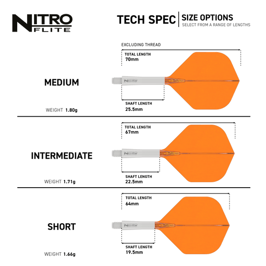 Dieses Bild präsentiert den Red Dragon Nitroflite White Shaft Orange Flights No2. Der Dart-Schaft hat eine weiße Farbe, die Flights sind orange.