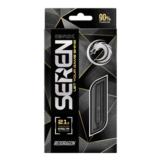 Auf dem Bild ist die Verpackung der "Red Dragon Seren 2 Onyx Steeldarts" zu sehen. Die Darts bestehen zu 90 % aus Tungsten und wiegen 21,1 Gramm.