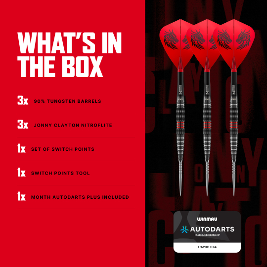Šipky Red Dragon Jonny Clayton RD-PRO Switch Point ocelové Die Aufnahme zeigt Red Dragon Jonny Clayton RD-PRO Switch Point Steeldarts aus einer anderen Perspektive. Die feine Struktur und Form der Darts ist erkennbar.