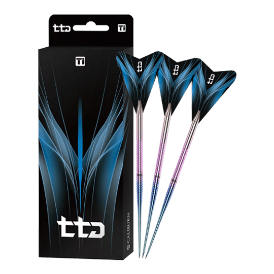 Das Bild zeigt den Caliburn TTD Complete Titanium T1 Rainbow Steeldarts - 5g. Der Steeldart besteht aus Titan und wirkt hochwertig.