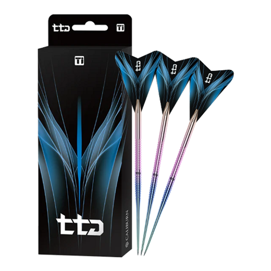 Caliburn TTD Complete Titanium T1 Rainbow Steeldarts - 5g Das Bild zeigt den Caliburn TTD Complete Titanium T1 Rainbow Steeldarts - 5g. Der Steeldart besteht aus Titan und wirkt hochwertig.