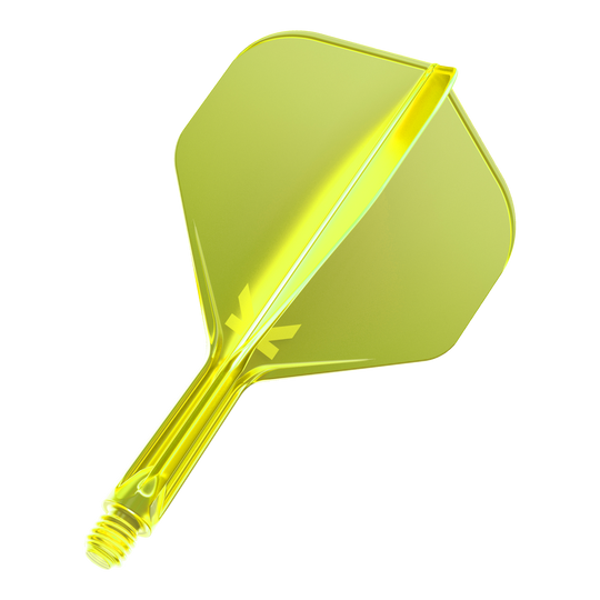 Das Bild zeigt eine neon-gelbe Dart-Flügel-Kombination mit einem integrierten Schaft. Die Oberfläche ist glänzend und das Material wirkt durchsichtig.