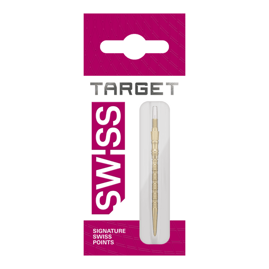 Abgebildet sind drei goldene Dartspitzen mit einer Länge von 42mm. Diese gehören zur Serie Target SwissPoint Signature TRB.