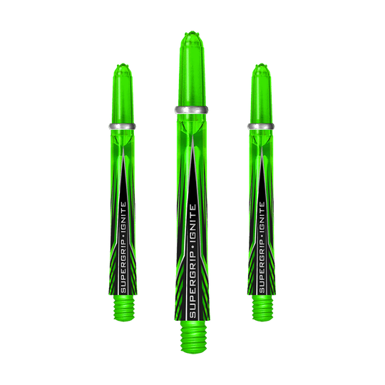 Das Bild zeigt drei grüne Harrows Supergrip Ignite Shafts für Dartpfeile. Die Shafts haben ein modernes Design mit schwarzer und weißer Beschriftung.
