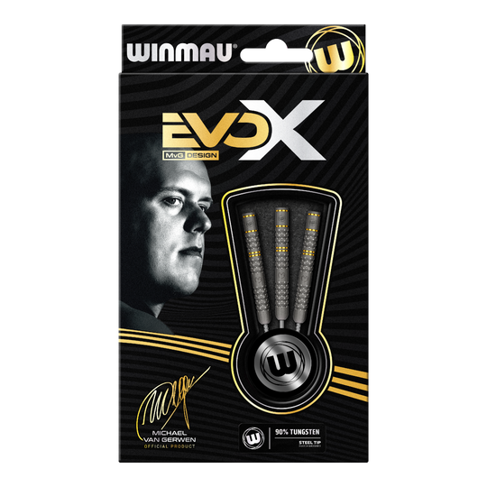 Die Verpackung zeigt die "Winmau Michael Van Gerwen Evo-X Steeldarts" mit stilvollem Design und prominenter Abbildung von Michael Van Gerwen. In der Packung sind drei Steeldarts mit 90% Tungsten-Anteil sichtbar.