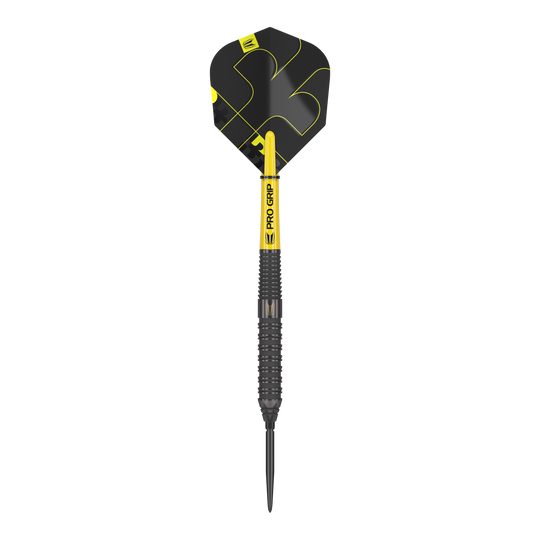 Das Bild zeigt einen Target Bolide Void 02 Swiss Point Steeldart. Der Dartpfeil ist schwarz mit gelben Akzenten und hat eine strukturierte Griffoberfläche.