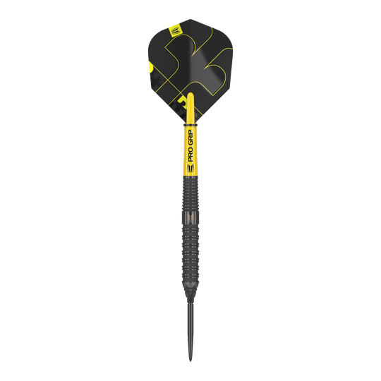 Ocelové šipky Target Bolide Void 02 Swiss Point Das Bild zeigt einen Target Bolide Void 02 Swiss Point Steeldart. Der Dartpfeil ist schwarz mit gelben Akzenten und hat eine strukturierte Griffoberfläche.
