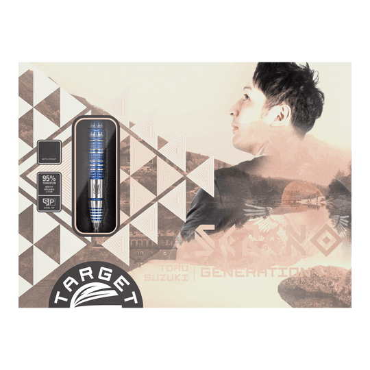 Ocelové šipky Target Japan Toru Suzuki Sereno GEN1 Swiss Point - 21g Die Verpackung zeigt die Steeldarts "Target Japan Toru Suzuki Sereno GEN1 Swiss Point" mit einem Gewicht von 21g. Auf der rechten Seite ist eine Porträtaufnahme eines Mannes abgebildet.