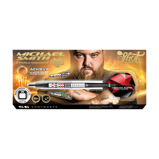 Šipky Shot Michael Smith Achieve Soft Auf dem Bild ist eine Packung mit Softdarts der Marke Shot zu sehen, die vom Weltmeister Michael Smith beworben wird. Die Verpackung zeigt ein Bild von Michael Smith und hebt die Eigenschaften des Produkts hervor.