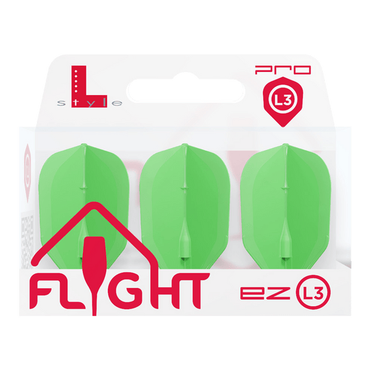 Lety L-L-Style3EZ Das Bild zeigt eine Packung mit drei neon-grünen Dartflights. Die Verpackung ist mit "L-Style Flight EZ L3" beschriftet.