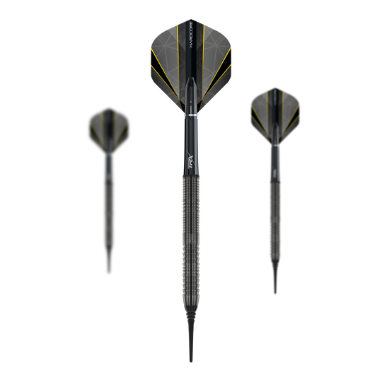 Das Bild zeigt drei Softdarts des Modells "Red Dragon Seren 1 Onyx" mit einem Gewicht von 20g. Die Darts haben schwarze Schäfte und Flights mit gelben Akzenten.