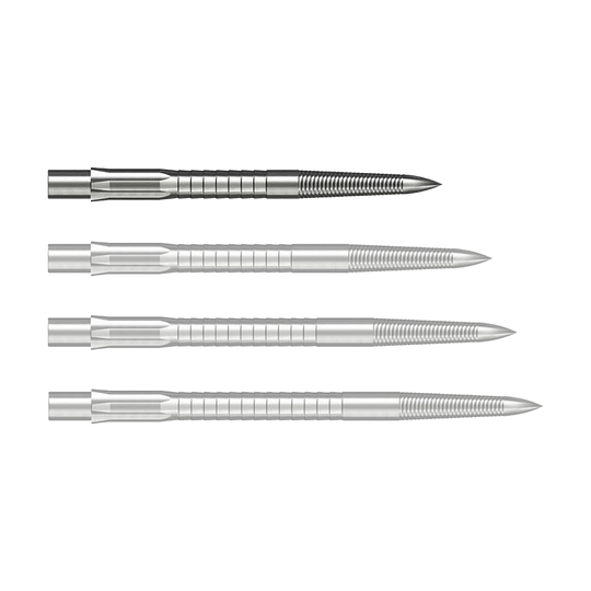Ocelové hroty na šipky Caliburn System - Micro Grip - stříbrné Abgebildet ist eine silberne Caliburn Evo System Steeldartspitze Micro Grip mit 28 mm Länge. Die Spitze liegt deutlich sichtbar auf einem hellen Hintergrund.