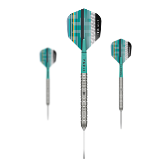 Ocelové šipky Target Hydro 02 Swiss Point Das Foto zeigt ein Set der Target Hydro 02 Swiss Point Steeldarts. Die verschiedenen Teile des Sets sind gut erkennbar.