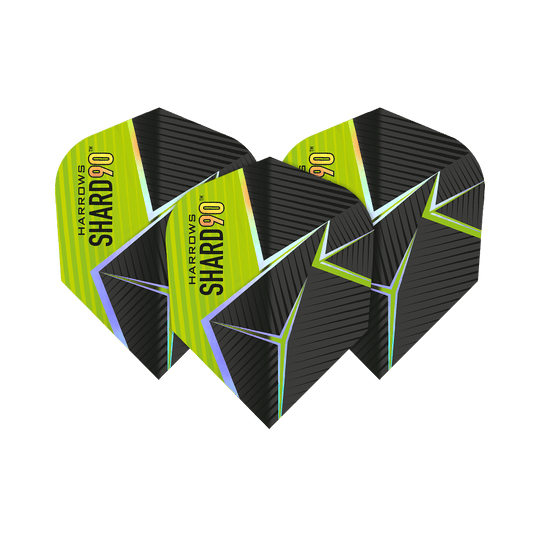 Lety Harrows Prime Shard č. 6 Das Bild zeigt drei Harrows Prime Shard No6 Flights für Darts. Die Flights haben ein schwarz-gelbes Design mit futuristischen Linien und dem Aufdruck "SHARD 90".