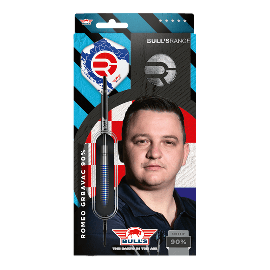 Měkké šipky Bulls NL Romeo Grbavac - 19g Die Verpackung zeigt die Softdarts "Bulls NL Romeo Grbavac" mit einem Gewicht von 19g. Auf der Vorderseite ist auch das Bild eines Mannes und das Logo von Bulls abgebildet.