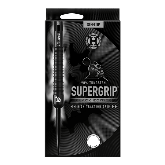 Ocelové šipky Harrows Supergrip Black Edition Das Bild zeigt die Verpackung der "Harrows Supergrip Black-Edition Steeldarts". Die Verpackung ist schwarz gehalten und hebt die hohe Griffigkeit sowie einen 90%igen Tungsten-Anteil hervor.