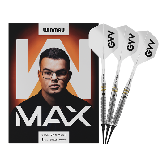 Winmau Gian Van Veen W-MAX Softdarts - 18g werden vollständig dargestellt. Alle Details der drei Darts sind sichtbar.