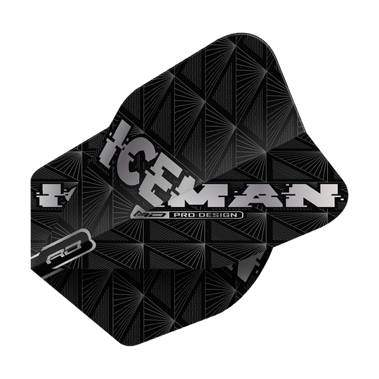 Das Bild zeigt das Dart-Flight „Red Dragon Gerwyn Price Iceman Black No6“. Das Flight ist schwarz mit silberner Schrift und geometrischem Muster, auf dem „ICEMAN“ steht.