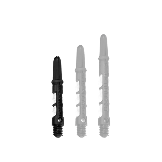 HR437_Harrows_Carbon_ST_Shafts_Weiss_33mm_1bXmIMWHNb3OWY Das Bild zeigt drei Harrows Carbon ST Shafts in Weiß, die nebeneinander stehen. Die Shafts sind unterschiedlich lang und haben ein modernes Design mit schwarzem und weißem Farbanteil.