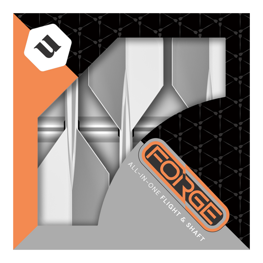 Unicorn Forge All In One Plus No2 Standard Flights Weiß - Medium Das Bild zeigt die Verpackung der "Unicorn Forge All In One Plus No2 Standard Flights Weiß - Medium". In der Schachtel sind weiße Dart-Flights mit integriertem Schaft zu sehen.