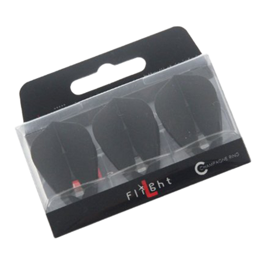 L-Style Champagne L4PRO Kite Flights Das Bild zeigt eine Verpackung mit drei schwarzen Dart-Flights. Die Verpackung ist durchsichtig und trägt die Aufschrift „L-Style Flight“.