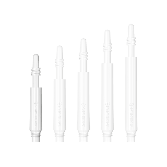 400315_8Flight_Regular_Spin_Shafts_White_19mm_1fZuXeyx0zZPWR Das Bild zeigt fünf weiße Dartschäfte des Modells „8 Flight Regular Spin“. Die Schäfte sind in unterschiedlicher Länge angeordnet.