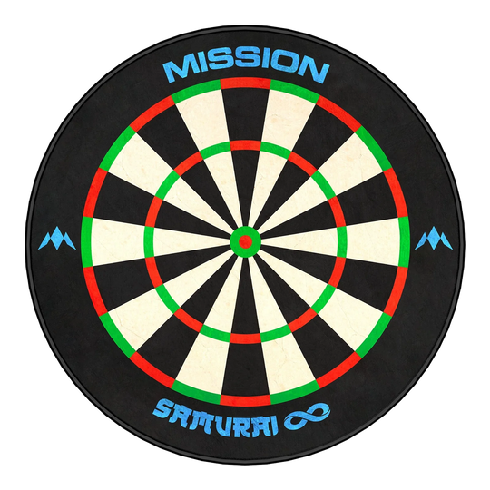 Das Bild zeigt eine runde Mini-Dartscheibe mit abwechselnd schwarzen und weißen Segmenten. Oben steht „MISSION“ und unten „SAMURAI ∞“ in blauer Schrift.