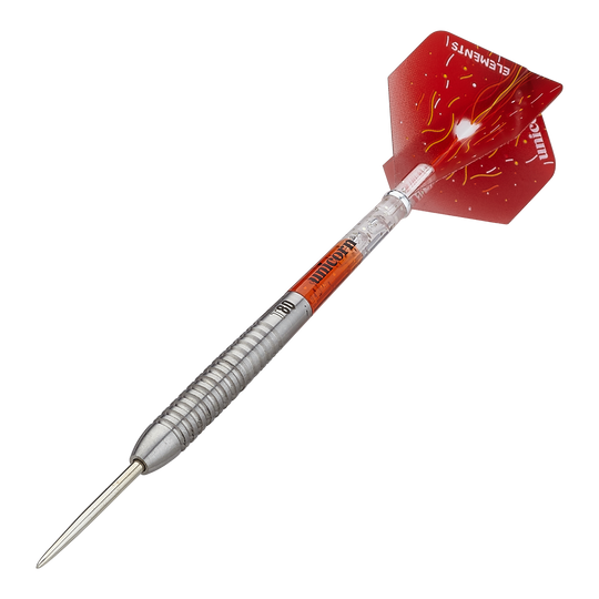 Ocelové šipky Unicorn Core XL Striker Style 5 Das Bild zeigt einen Unicorn Core XL Striker Style 5 Steeldart. Der Dartpfeil hat einen silbernen Schaft und rote Flights mit gelben Mustern.