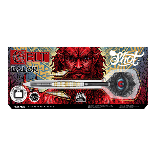 Střelené keltské Balorské ocelové šipky Das Bild zeigt die Verpackung der "Shot Celt Balor Steeldarts". Im Hintergrund ist ein auffälliges, rotes Fantasy-Gesicht und kunstvolles Design zu sehen.