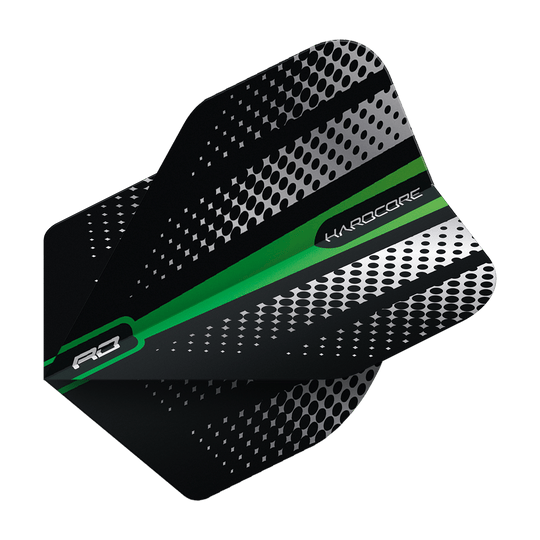 TF6508_Red_Dragon_Hardcore_Radical_Green_Flash_Standard_Flights_2 Das Bild zeigt das Produkt "Red Dragon Hardcore Radical Green Flash Standard Flights". Die Dart-Flight ist schwarz mit silbernen Punkten und einem grünen Streifen.